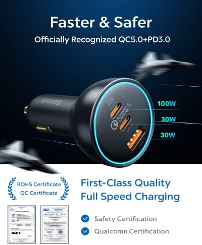 160 W Baseus USB-C Car Charger – Triple-Port Fast Charging Adapter with QC5.0, PD3.0 & PPS for i Phone 15/14/13 Pro, Samsung S22, i Pad & Mac Book Pro – Ultimate Compatibility & Efficiency for Road Trips and Daily Commutes