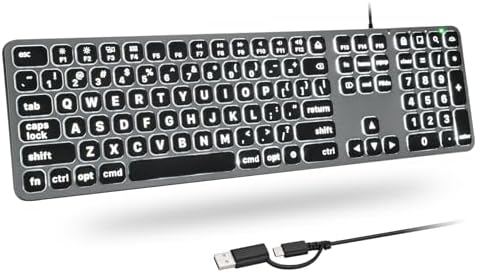 Illuminate Your Typing Efficiency with the Large Print Backlit Keyboard for Mac – Dual Interface, Ergonomic Low-Profile Design for Quiet, Precise Input, Full-Size Layout with Numeric Keypad for Enhanced Productivity, Perfectly Compatible with Mac Book Air/Pro and i Mac, Ideal for Day or Night Use