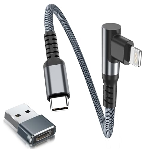 Basesailor 10 FT Right Angle i Phone Charger Cable – 90-Degree USB-C to Lightning Cord with USB A Adapter for Fast Charging – Perfect Compatibility with i Phone 14, 13 Pro Max, 12, 11, XS, XR, X, 8, 7, 6 Plus, 5 SE & i Pad 8, 9 – Enhanced Durability for Seamless Multitasking & Convenient Use