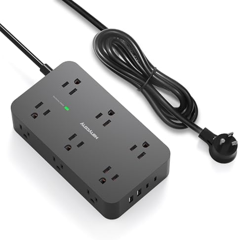 HANYCONY 12-Outlet Power Strip Surge Protector with 4 USB Ports (2 USB-C) – 6 ft Flat Extension Cord with 1800 J Surge Protection, Wall-Mountable Charging Station for Home, Office, and Dorm Room – Ultimate Device Connectivity and Fast Charging Solutions