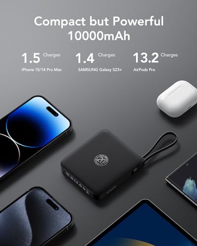 VRURC 10,000 m Ah USB C Portable Charger – Fast Charging Power Bank with Built-in Cable for i Phone 16/15/14, Galaxy S23/S22, Google Pixel & More – Lightweight Green Design for Ultimate Mobility and Reliability