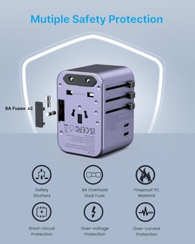 VINTAR Universal Travel Adapter: All-in-One Power Converter with 6 A Output, 3 USB-C and 2 USB Ports for Fast Global Charging Across Europe, UK, USA, and Australia – Essential Travel Accessory for Effortless Device Connectivity and Safety Features