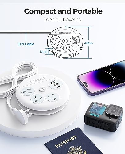 Compact ORICO Travel Power Strip with 3 AC Outlets & 3 Fast USB Ports (1 USB-C) – Space-Saving Flat Plug Extension Cord for Effortless Charging on Cruises, Hotels & Airports – Essential Travel Accessory in Sleek White Design