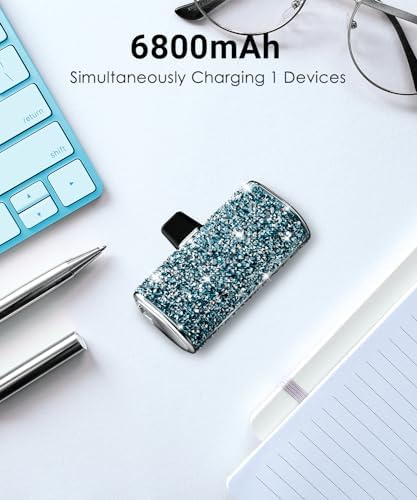 Bling Small Portable Charger: 6800 m Ah Ultra-Compact Power Bank with Fast 5 V/3.1 A Charging, Built-in i OS Connector for i Phone 14 to 5 Series, Trendy Blue Shimmer Finish with Convenient Flashlight – Perfect for On-the-Go Charging and Everyday Emergencies