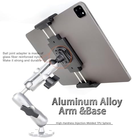 Heavy-Duty Aluminum Dual Arm Tablet Mount with 4-Point 360° Rotation – Secure Drill Base for 6.5″-12.9″ Devices (i Pad, Galaxy Tab, Surface) – Versatile Mounting Solution for Home, Office, and Vehicle Use – Ultimate Stability and Flexibility