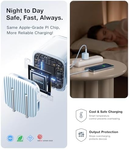 Ultra-Fast TORRAS Icenano 30 W USB-C Charger Block – PD 3.0 Compatible Wall Adapter with 5.5 ft Cable, Stylish Crystal Pink Design, Low-Temperature Operation for Safe Charging of i Phone 16/15 & Mag Safe – Perfect for Travel and Home Use