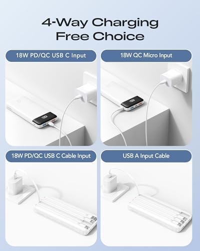 High-Capacity 20000 m Ah Fast Charging Power Bank with Built-In Cables – Ultimate Portable Charger for i Phone 16/15, Galaxy, and Android Devices | 20 W PD USB-C Battery Pack for Travel Enthusiasts with 6 Outputs for Multi-Device Charging