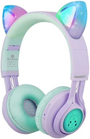 Riwbox CT-7 S Cat Ear Bluetooth Headphones for Kids – Fun LED Light Design with Safe 85 d B Volume Limiting, Comfortable Over-Ear Fit, Built-in Microphone for Seamless Video Calls and Gaming, Perfectly Compatible with Laptops, PCs, and TVs for Young Audiophiles Seeking Engaging Audio Adventures