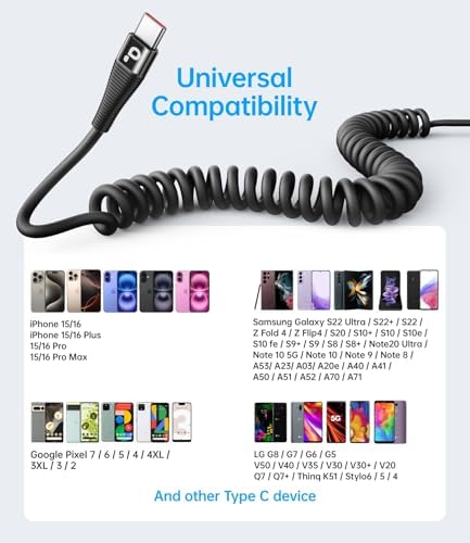 Coiled USB C to USB C Charger Cable 2-Pack (3 FT) – Fast Charging for i Phone 16/15/15 Pro/15 Plus/15 Pro Max & Samsung Galaxy S23 – Tangle-Free Design for Effortless Use in Car or Home – Durable, Flexible Power Solution for All USB C Devices