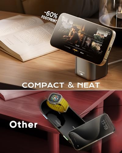 Ultimate 3-in-1 Magnetic Wireless Charging Station for i Phone, Apple Watch & Air Pods – Fast 65 W Travel Charger with Mag Safe Compatibility, Compact Design for Effortless Portability and Seamless Device Management