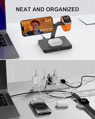 Maximize Your Charging Efficiency with GEEKERA 3-in-1 Magnetic Wireless Charging Station – Rapid Power Dock for i Phone 16/15/14/13/12 Pro Max, Apple Watch Series 9/8/7/6/SE/5/4/3/2, and Air Pods 3/2/Pro – Sleek, Space-Saving Design, Effortless Magnetic Alignment, and Enhanced Compatibility for Ultimate Convenience