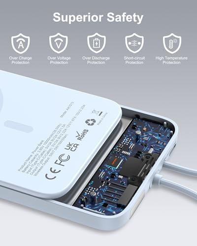 Asper X Mag Safe 10,000 m Ah Portable Power Bank – Dual Charging Solutions with 15 W/22.5 W Fast Charging, Smart LED Power Display, Built-in USB-C Cable & Compact Design for i Phone 16/15/14/13/12 & Galaxy S25 – Ultimate Travel Companion for Efficient Power Management