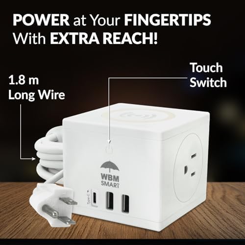 Versatile Power Strip with Wireless Charging – 2 AC Outlets, 2 USB Ports & 1 Type-C Port, 5.9 ft Cord, 5 W Fast Wireless Charger for Efficient Device Power Management & Surge Protection