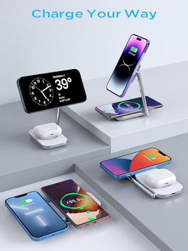 Elevate Your Charging Game with the Premium 2-in-1 Mag Safe Charger Stand – Swift 20 W Wireless Power Solution for i Phone 15/14/13/12 & Air Pods 3/Pro/2 – Robust Zinc Alloy Design with Foldable Portability for Effortless Device Alignment – Perfect for Organized, Tangle-Free Charging Spaces