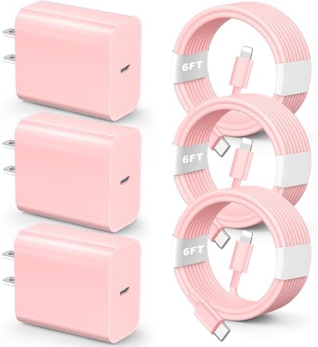 Elevate Your Charging Experience with the MFi Certified 20 W PD USB C Wall Adapter & Pink Lightning Cable Set – Fast Charging Solution for i Phone 14/13/12/11/Pro/Pro Max/Xs/Xr/X – 3-Pack for Home, Office, and Travel Convenience – Stylish & Durable Design for Ultimate Performance