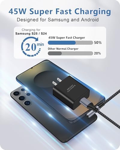 Elevate Your Charging Experience with the 45 W USB C Fast Charger Duo – Right Angle 10 FT Cable for Samsung Galaxy S Series & Android Devices – Unmatched Power Delivery for S25 Edge, Note 20, Z Fold & More Optimize your device charging with this high-performance 2-pack of 45 W USB C chargers, engineered to support Samsung Galaxy S series and a variety of Android devices. Featuring an innovative right-angle design, this charger set provides effortless connectivity in tight spaces, ensuring you can power up your devices without hassle. The extended 10 FT Type C cable grants unparalleled flexibility for charging at home, in the office, or on the move, while the dual-pack ensures you’re always equipped with a reliable charging solution. Built from premium materials for durability, these fast chargers are not just about speed; they are about enhancing your daily productivity. Say goodbye to battery anxiety and embrace the efficiency and convenience of this expertly crafted charger duo, designed to keep your devices ready for action in any environment.