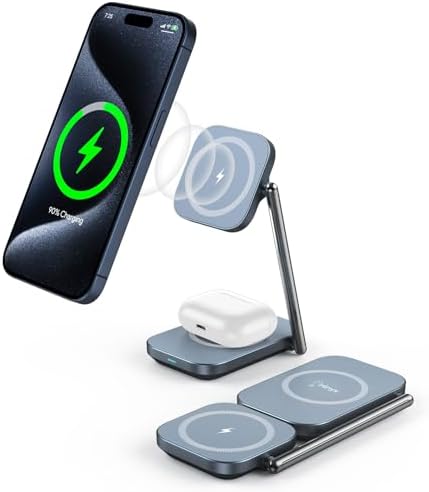 Elevate Your Charging Game with the Premium 2-in-1 Mag Safe Charger Stand – Swift 20 W Wireless Power Solution for i Phone 15/14/13/12 & Air Pods 3/Pro/2 – Robust Zinc Alloy Design with Foldable Portability for Effortless Device Alignment – Perfect for Organized, Tangle-Free Charging Spaces