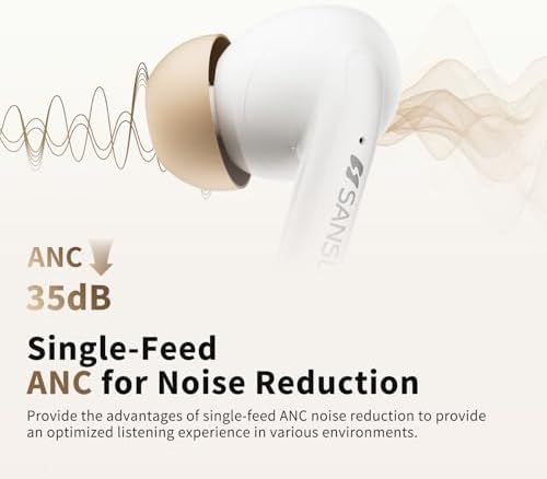 SANSUI Bluetooth 6.0 Earbuds with Active Noise Cancelling – IPX4 Waterproof Stereo Headphones Offering 20-Hour Playtime & Deep Bass for Ultimate Listening Freedom in Khaki White