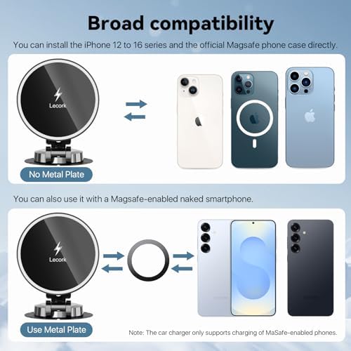 Mag Safe Car Mount Charger with 15 W Fast Wireless Charging – Magnetic Air Vent Holder for i Phone 12-16 Pro Max & Samsung S25 Series – Stylish RGB LED Design for Enhanced Compatibility and Efficient Power Delivery