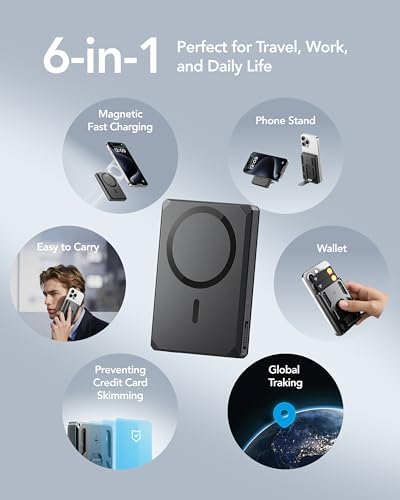 VEGER 5000 m Ah Magnetic Wireless Power Bank – 6-in-1 Multi-Functional Portable Charger with Fast Charging for i Phone 16/15/14/13/12 Series – Sleek Design, Built-in Card Slots, GPS Tracking & Multi-Angle Stand – Ideal for Travel, Work & Daily Use – Durable & Airline Safe Power Solution