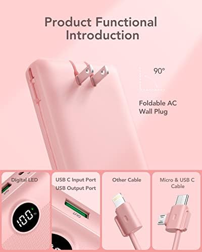 VRURC 20000 m Ah Pink Portable Charger – Fast Charging Power Bank with Built-in Wall Plug & Cables, LED Display, 4 Outputs & Dual Inputs for Effortless Travel Charging Solutions, Ideal for Busy Lifestyles and Enhanced Device Compatibility