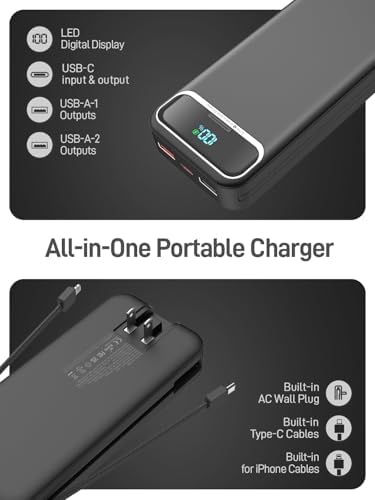 Ultimate 20,000 m Ah Portable Charger with Built-in Cables & AC Plug – Super Fast PD20 W & SCP22.5 W USB-C Power Bank for Quick Device Charging – LED Display & Universal Compatibility for i Phone, Samsung & More – Essential Travel Accessory for On-the-Go Power Solutions