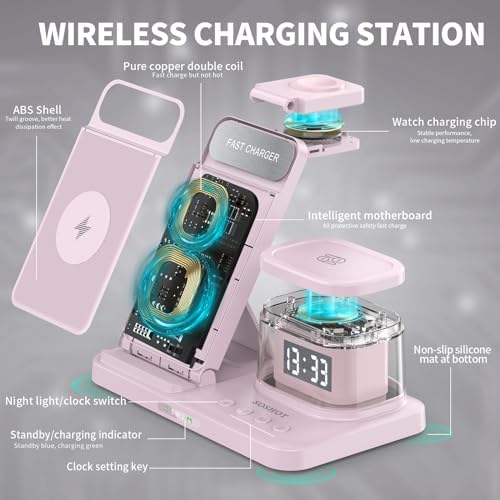 Elevate Your Charging Game: 5-in-1 Foldable Wireless Fast Charger with Integrated Night Light & Transparent Clock for Apple Devices – Ideal for i Phone 16/15/14/13/12/11 Pro Max, Apple Watch, and Air Pods – Sleek Green Design for Ultimate Portability and Style