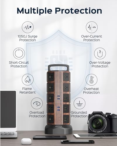 JACKYLED 20-Outlet Power Strip Tower Surge Protector with 6 Fast USB Ports – 1050 Joules Safety Shield, 13 A Desktop Charging Station with 6.5 ft Heavy-Duty Cord, Elegant Black Walnut Design for Home, Office & Garage Use – Ultimate Device Power Solution