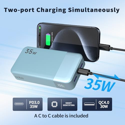 NOBIS 20000 m Ah Portable Power Bank – 35 W Fast Charging Battery Pack with USB-C Cable & Digital Display for Ultimate Device Compatibility – Stay Charged on the Go!