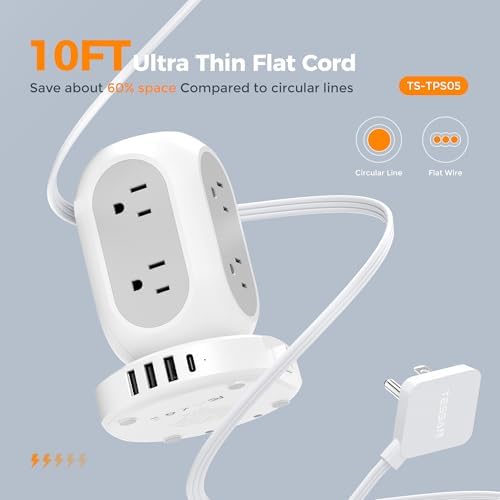 TESSAN Surge Protector Power Strip Tower with 10 Ft Flat Plug Extension Cord – 8 AC Outlets & 4 High-Speed USB Ports (1 USB-C) – 1050 Joules Protection – Ideal Charging Station for Home, Office, and Dorm Room Use – Maximize Safety and Organization