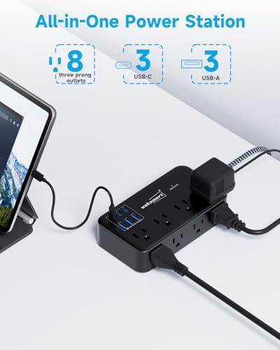 Maximize Your Charging Efficiency with the 2800 Joules Surge Protector Power Strip – 8 AC Outlets & 6 Fast-Charging USB Ports (4.8 A/24 W) for i Phone 15, 5 ft Flat Extension Cord & Wall Mount Design – Perfect for Home, Office & Travel Needs