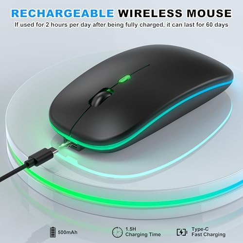 Sleek LED Bluetooth Wireless Mouse for Mac & PC – Rechargeable, RGB Light-Up Design with Dual Connectivity (BT5.2 + 2.4 G USB) – Slim, Portable Mouse with Jiggler Function for Work & Play – Enhanced Performance & Style in White