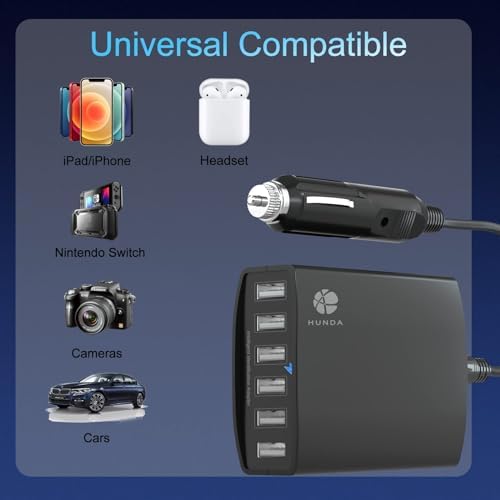 Ultimate 50 W 6-Port USB Car Charger – Fast Charging Adapter for i Phone 13/12/11, Galaxy, and More – Compact Cigarette Lighter Multi-Device Power Hub for Family Adventures and Road Trip Efficiency