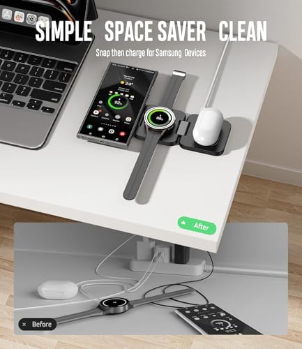 Ultimate 3-in-1 Foldable Wireless Charging Station for Samsung Devices – Magnetic Charger Stand for Galaxy S24, S23 Ultra, S22, S21, Galaxy Watch 6/5/5 Pro/4/3 & Galaxy Buds 2 Pro (Black) – Fast, Efficient Charging & Travel-Friendly Design