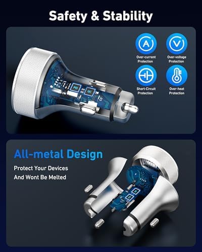 4-Port USB C Car Charger with 90 W Super Fast Charging for i Phone 16/16 Pro Max & Android Devices – Dual USB-C & USB-A Adapter with 3 FT Cable for Seamless On-the-Go Power Supply – Ideal for Road Trips and Family Use