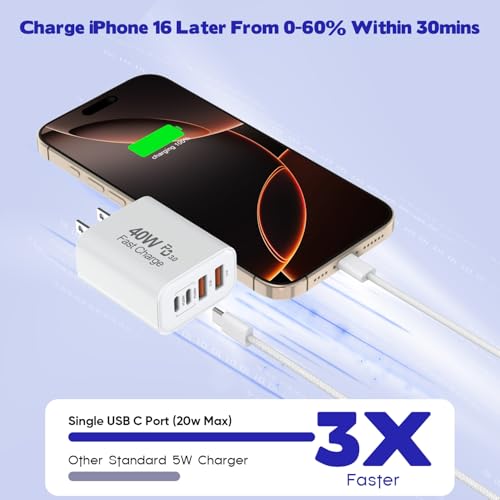 Ultimate 10 FT i Phone 16 & 15 Pro Charger Set – Dual Pack 40 W USB C Fast Charging Cables with 4-Port PD & AC Wall Adapter for Enhanced Compatibility and Convenience – Ideal for Home and Office Use