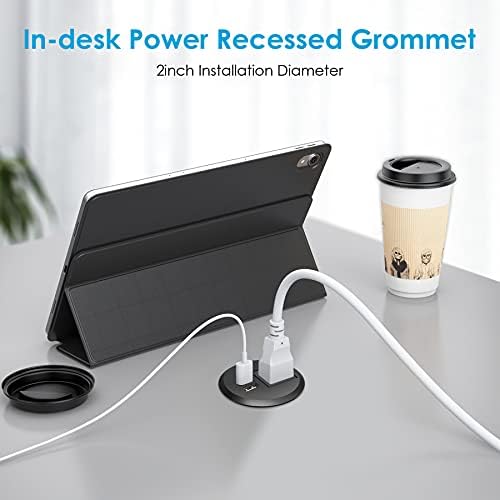 Revolutionize Your Workspace with the 2-Inch Desk Power Grommet Featuring PD 20 W USB-C Fast Charging, Ultra-Flat Plug Design, and Recessed Outlet for Seamless Cable Management – Perfect for Home or Office Use with 6 ft Power Cable (White)