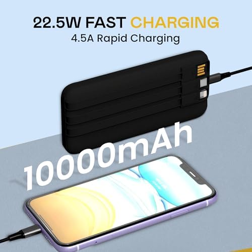 Ultimate Travel Power Bank: 10,000 m Ah Portable Charger with Built-in Cables for Fast Charging – 22.5 W Multi-Device Support for i Phone and Samsung – Compact and Durable External Battery with 5 Output Ports for On-the-Go Convenience