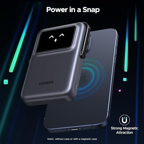 UGREEN Uno 10000 m Ah Magnetic Power Bank – Qi 7.5 W Wireless Charger with PD 20 W USB-C Fast Charging & Foldable Stand – TFT Display for Real-Time Battery Monitoring – Mag Safe Compatible for i Phone 16/15/14/13/12 – Ultra-Portable Power Solution in Sleek Black