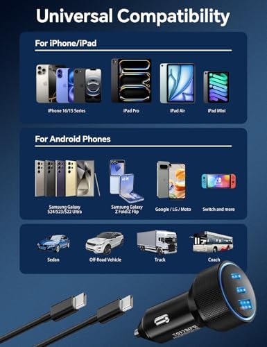 Maximize On-the-Go Power with 72 W 3-Port Fast USB-C Car Charger for i Phone 15/16 Series – Includes 2 x 3 FT Cables for Ultimate Convenience and Universal Compatibility with i Pad Pro/Air/Mini – High-Speed Charging for Multiple Devices