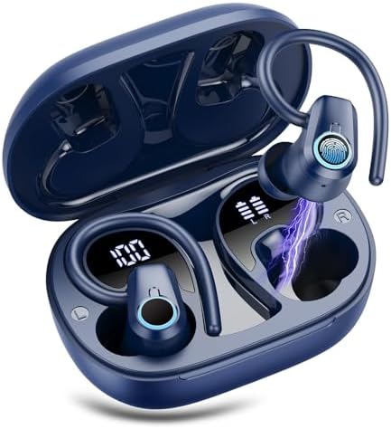 Poounur Bluetooth 5.3 Wireless Sport Earbuds – 50 Hours Playtime, IP7 Waterproof, Noise-Cancelling Headphones with Earhooks and Dual LED Display for Ultimate Comfort and Sound Quality – Perfect for Active Lifestyles and Outdoor Adventures