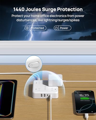 TROND 2-Prong Surge Protector Power Strip with 5 ft Extension Cord, 1440 Joules Safety Shield, Multiple AC Outlets & USB Charging Ports – Compact Wall-Mount Adapter for Streamlined Power Access and Enhanced Device Protection