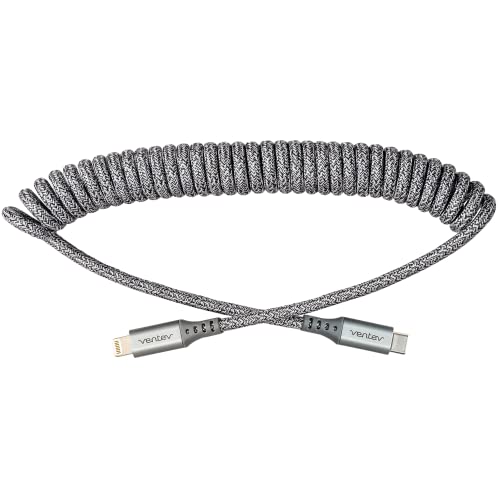 Ventev Helix 14-Inch Expandable i Phone Charging Cable | Tangle-Free Coiled USB-A to Lightning Cord | MFi Certified Fast Charger for Seamless Car Use | Durable Gray Design for Enhanced Compatibility and Efficiency