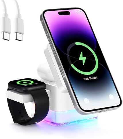 3-in-1 Magnetic Wireless Charging Station with Nightlight – Foldable Apple Charging Dock for i Phone 16/15/14/13/12, Air Pods & Apple Watch – 15 W Fast Charging Station in Sleek White Design (No Adapter) – Ultimate Portable Solution for Clutter-Free Charging