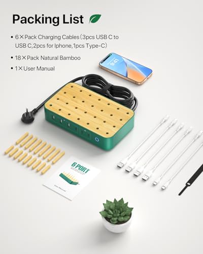 Eco-Friendly Bamboo USB-C Charging Hub – 60 W 6-Port Multi-Device Dock with 3 AC Outlets, 3 USB-C, 3 USB-A Ports, 6 Mixed Cables Included, 6.6 ft Power Cord for i Phones, i Pads & Tablets – Fast, Efficient Charging Solution with Elegant Design