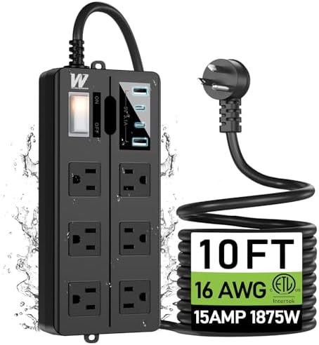 VNJ Outdoor Power Strip: 8 AC Outlets & 4 Fast USB Ports, IPX6 Waterproof Surge Protector with Safety Lock for Secure Connections, ETL-Certified 15 FT Extension Cord – Ideal for Home, Garden, and Commercial Applications