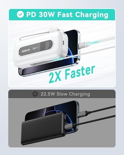 Ultra-Fast 30 W Retractable Portable Charger – 10,000 m Ah Power Bank with Built-In Cables for i Phone, i Pad & Samsung – Airline-Approved Travel Powerbank with Smart Display & Detachable Strap for Ultimate Convenience