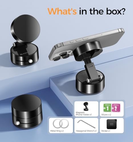 MAGIC JOHN Ultra Magnetic Car Phone Holder – 360° Rotatable Dashboard Mount for All Smartphones, Foldable Design, Strong Vacuum Grip for Secure Use, Sleek Black Finish, Effortless Installation, Ideal Hands-Free Navigation and Connectivity