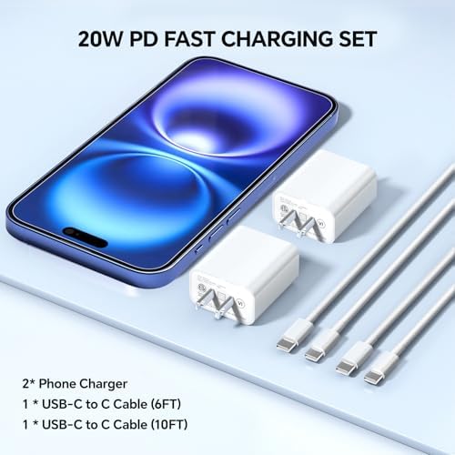 Lightning-Fast 20 W USB-C Wall Charger & 10 FT Cable for i Phone 15/16/Plus/Pro Max – Sleek Pink-Blue Power Adapter for Ultimate Charging Performance and Versatile Use