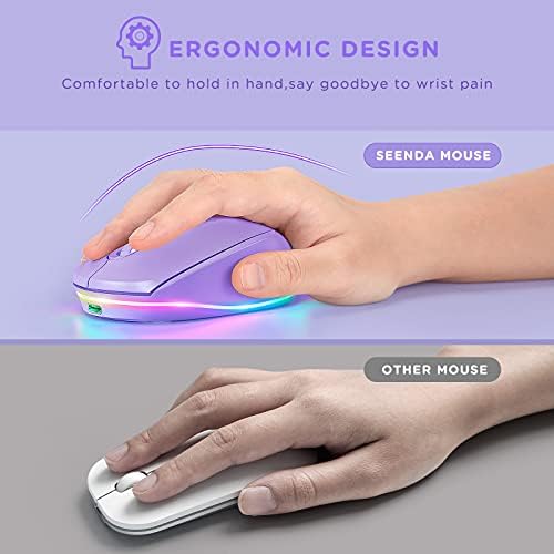 seenda Rechargeable Wireless Mouse with LED Rainbow Lights – Ergonomic, Quiet Click Design for Laptops, PCs, and Chromebooks – Perfect for Kids and Professionals Alike – Portable Purple Accessory for Enhanced Productivity and Style
